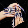 Regal Sapphire Stiletto Press Ons | Baroque-inspired Gold & Crystal Embellished Long Fake Nails | Premium Reusable Luxury Nail Art for Special Occasions