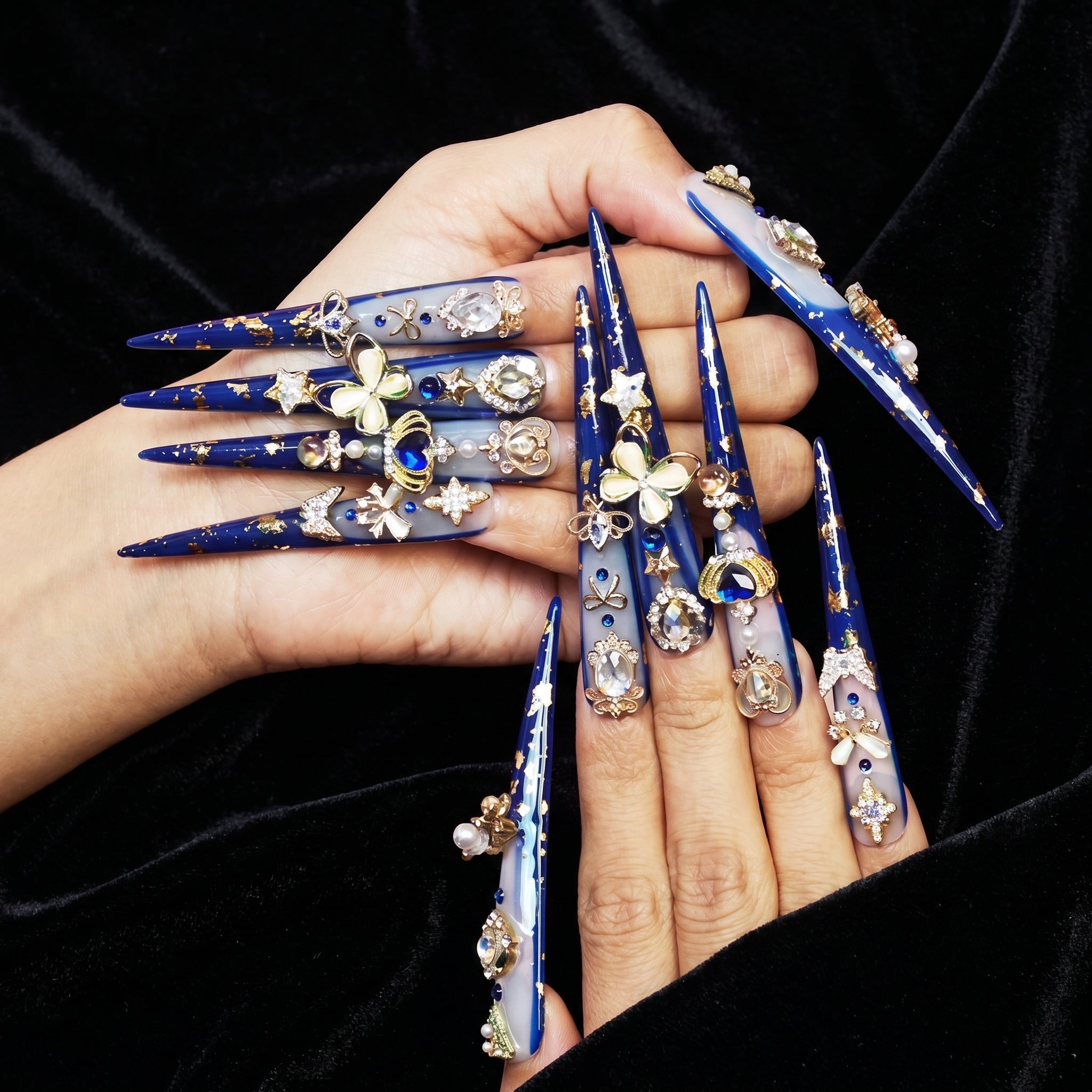 Regal Sapphire Stiletto Press Ons | Baroque-inspired Gold & Crystal Embellished Long Fake Nails | Premium Reusable Luxury Nail Art for Special Occasions